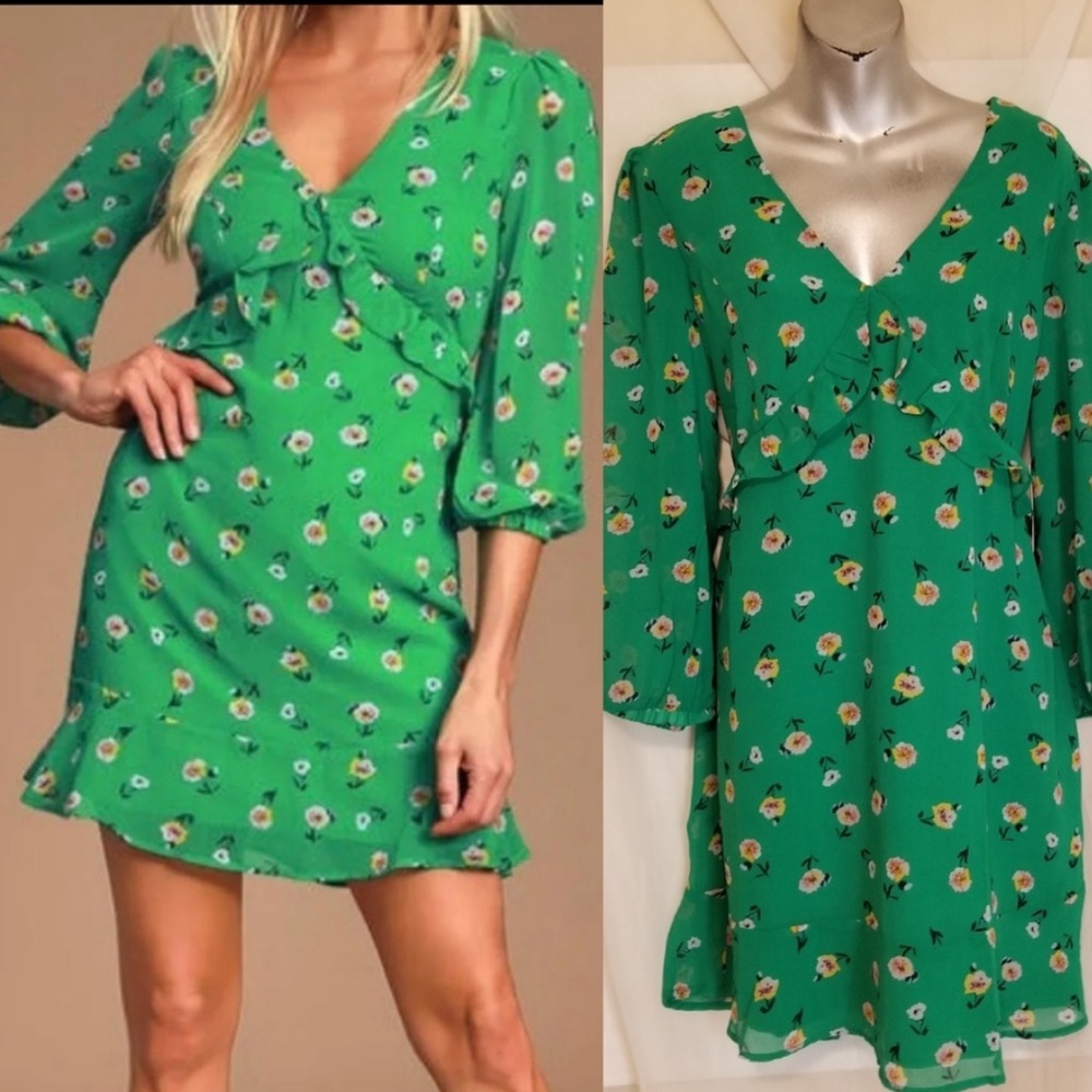 Field of Vision Green Floral Print Mini Dress - Picture 2 of 9